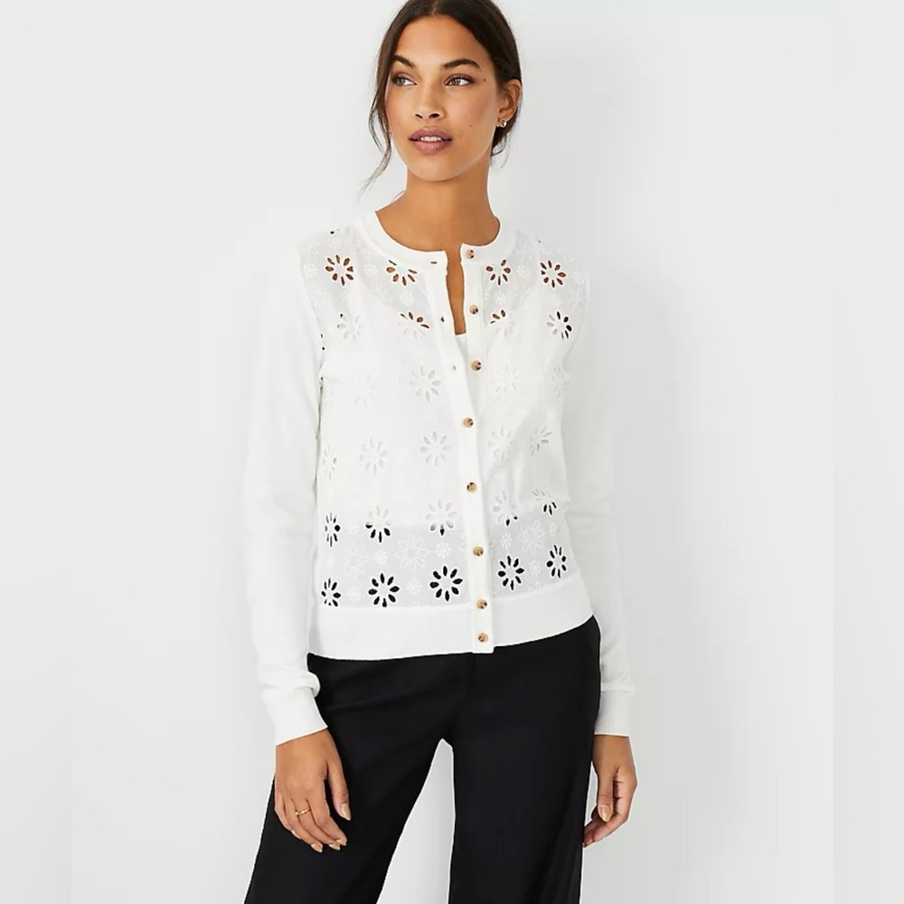 Ann Taylor Petite Mixed Media Eyelet Floral Ann Cardigan